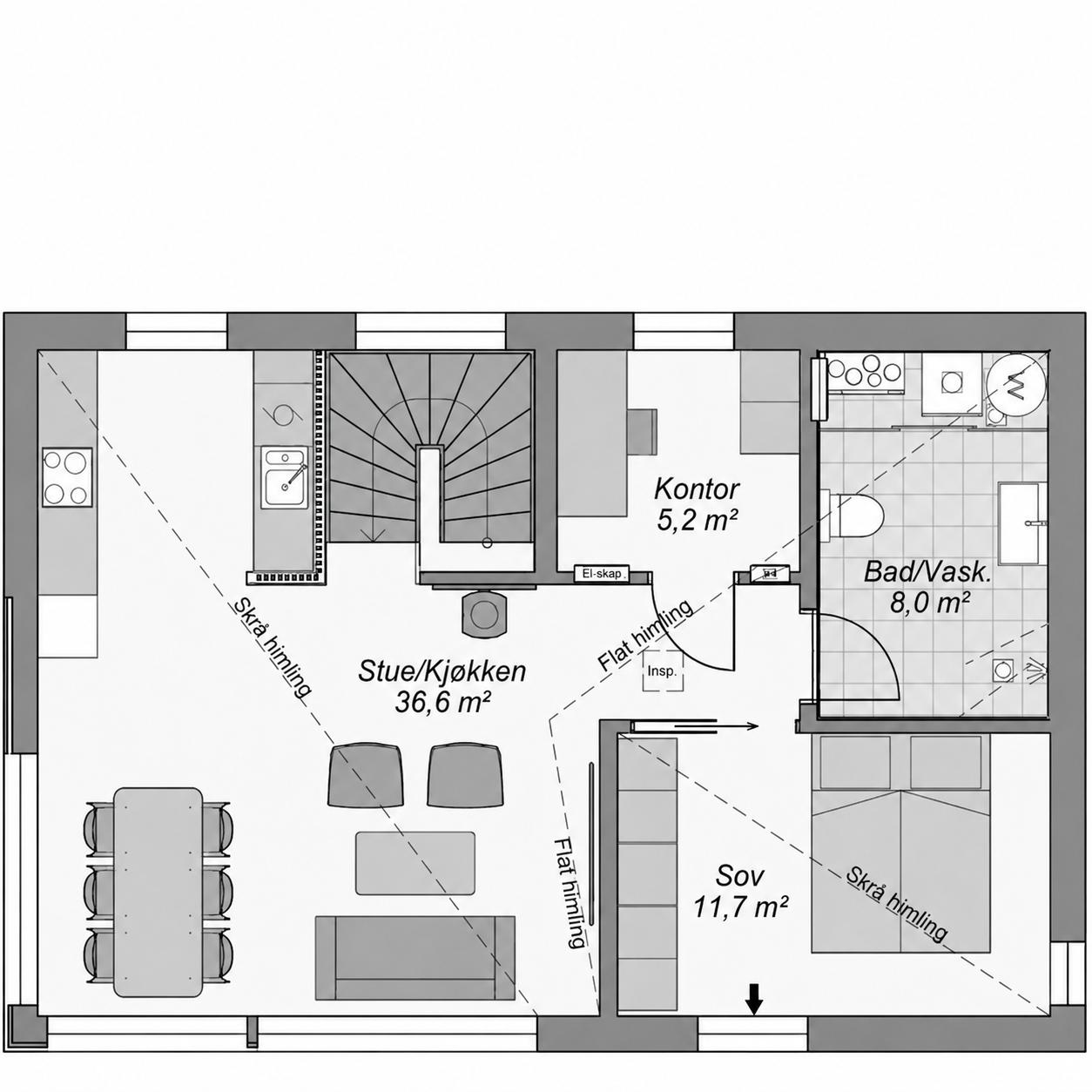Plan 2 – hovedetasje (stue, kjøkken, soverom og bad)
