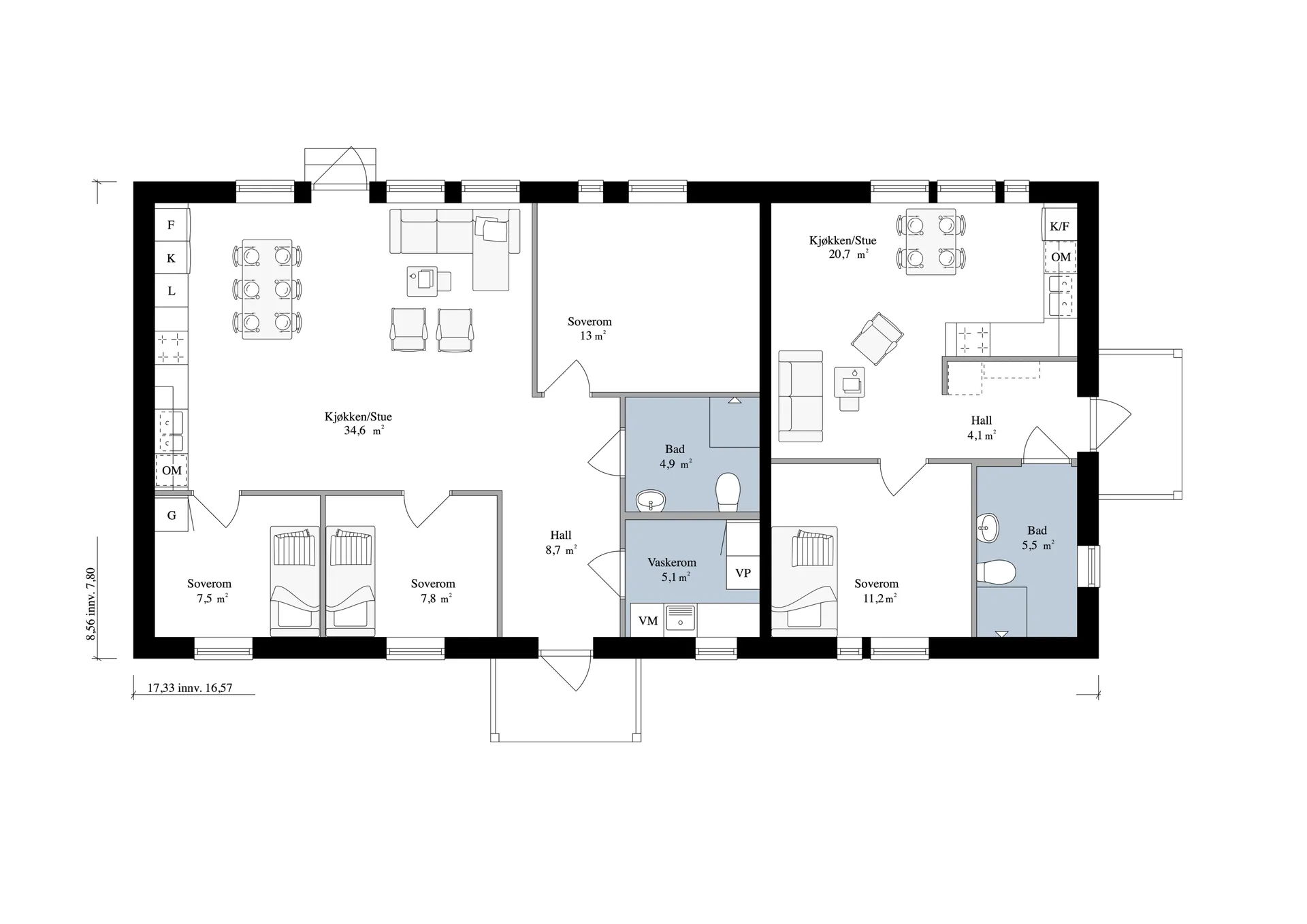 Planløsning: hoveddel og utleiedel (ett plan)